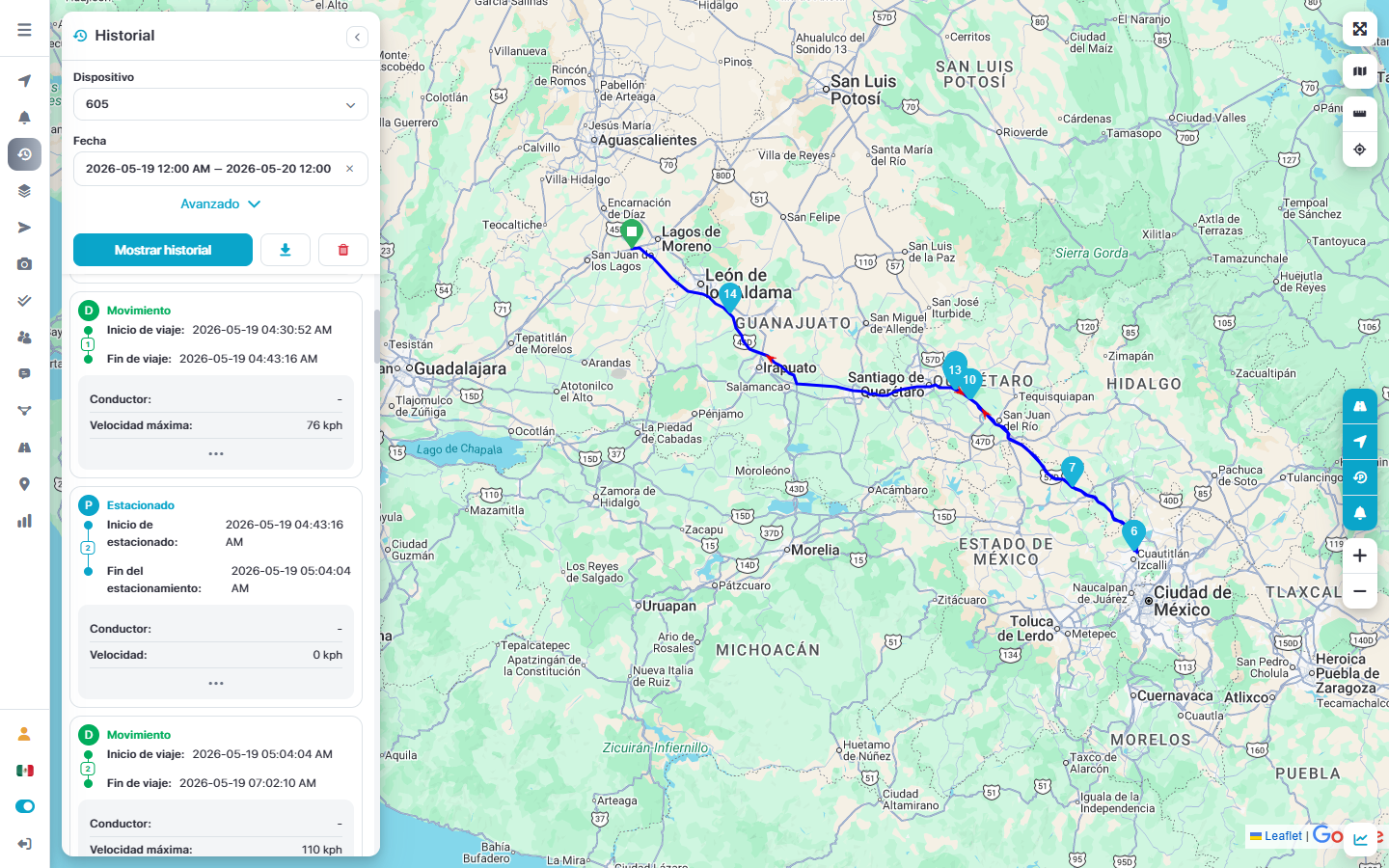 Historial de recorridos con ruta trazada en el mapa