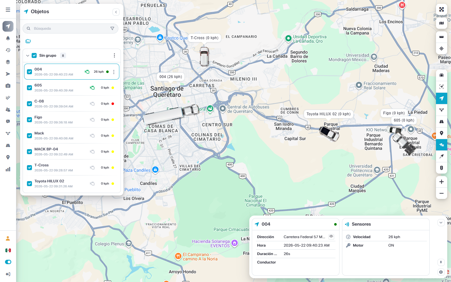 Mapa de rastreo GPS en tiempo real con vehículos activos