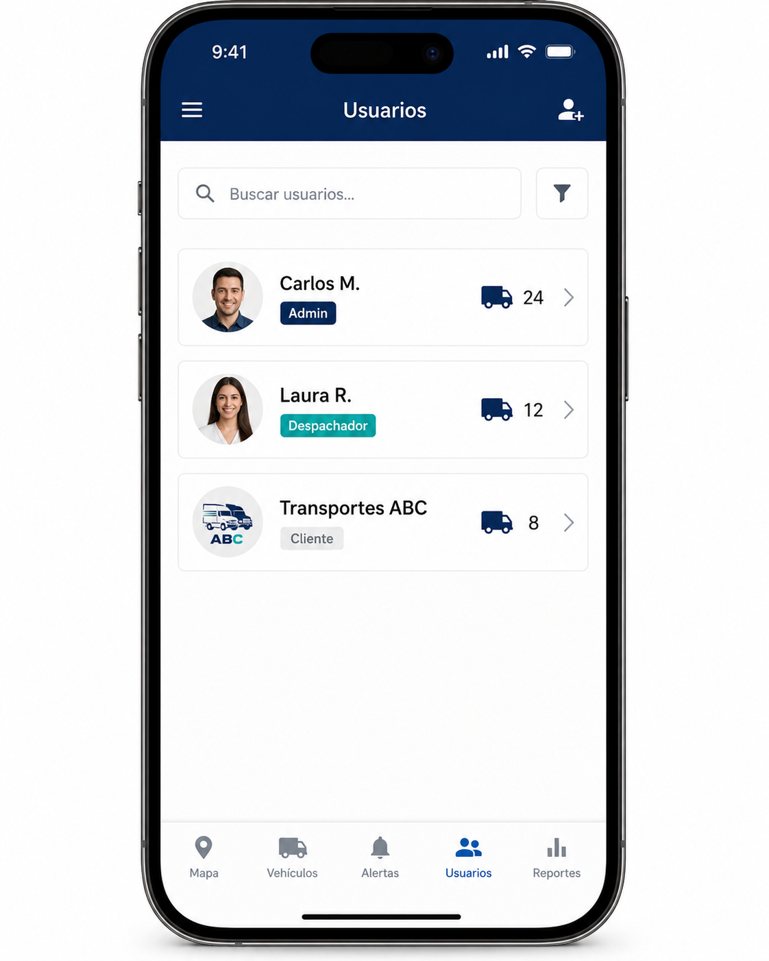 Panel de usuarios con roles Administrador, Despachador y Cliente