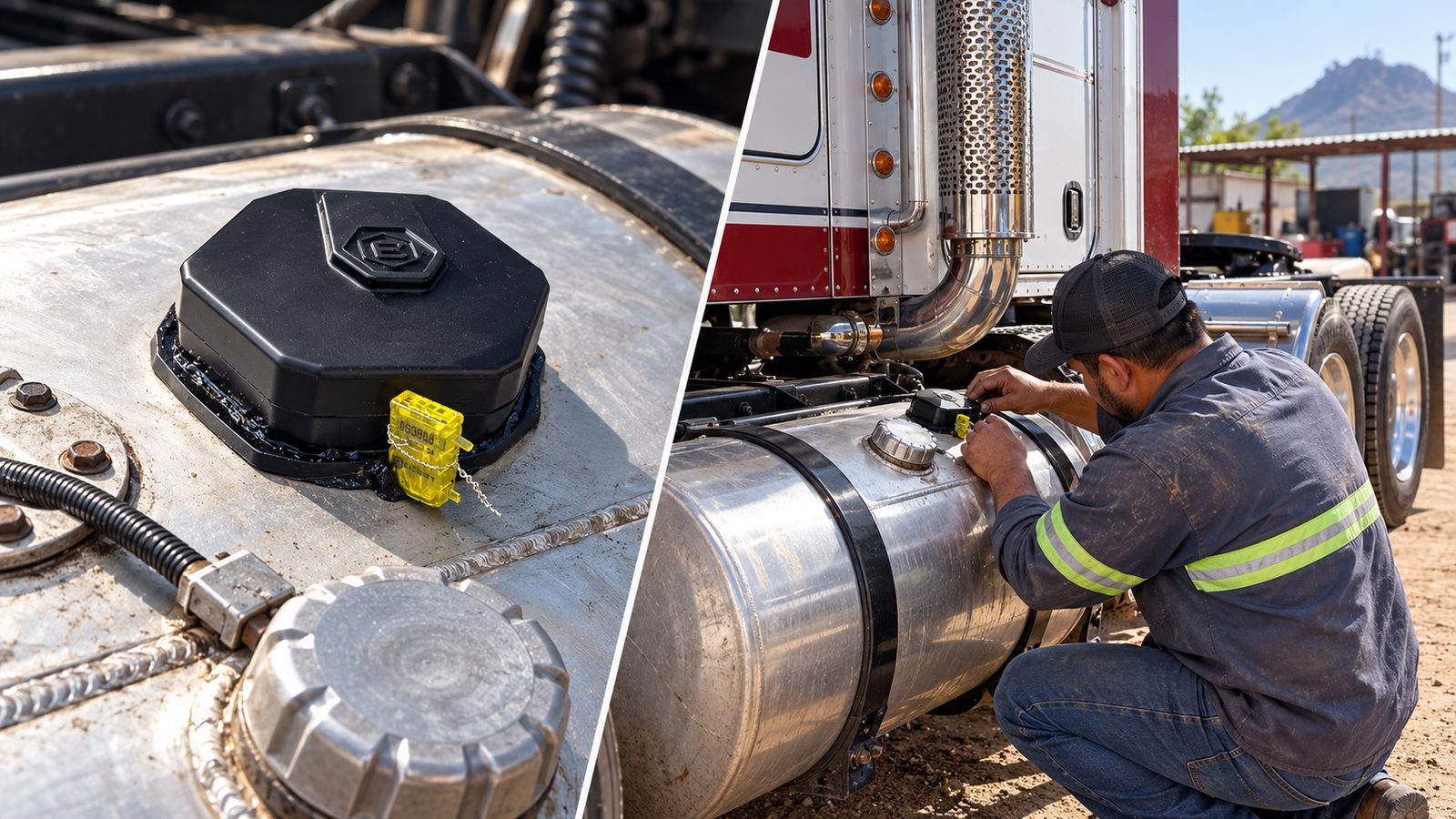 Sensor de nivel instalado en la parte superior del tanque de diésel de un tractocamión y un técnico revisándolo en el patio