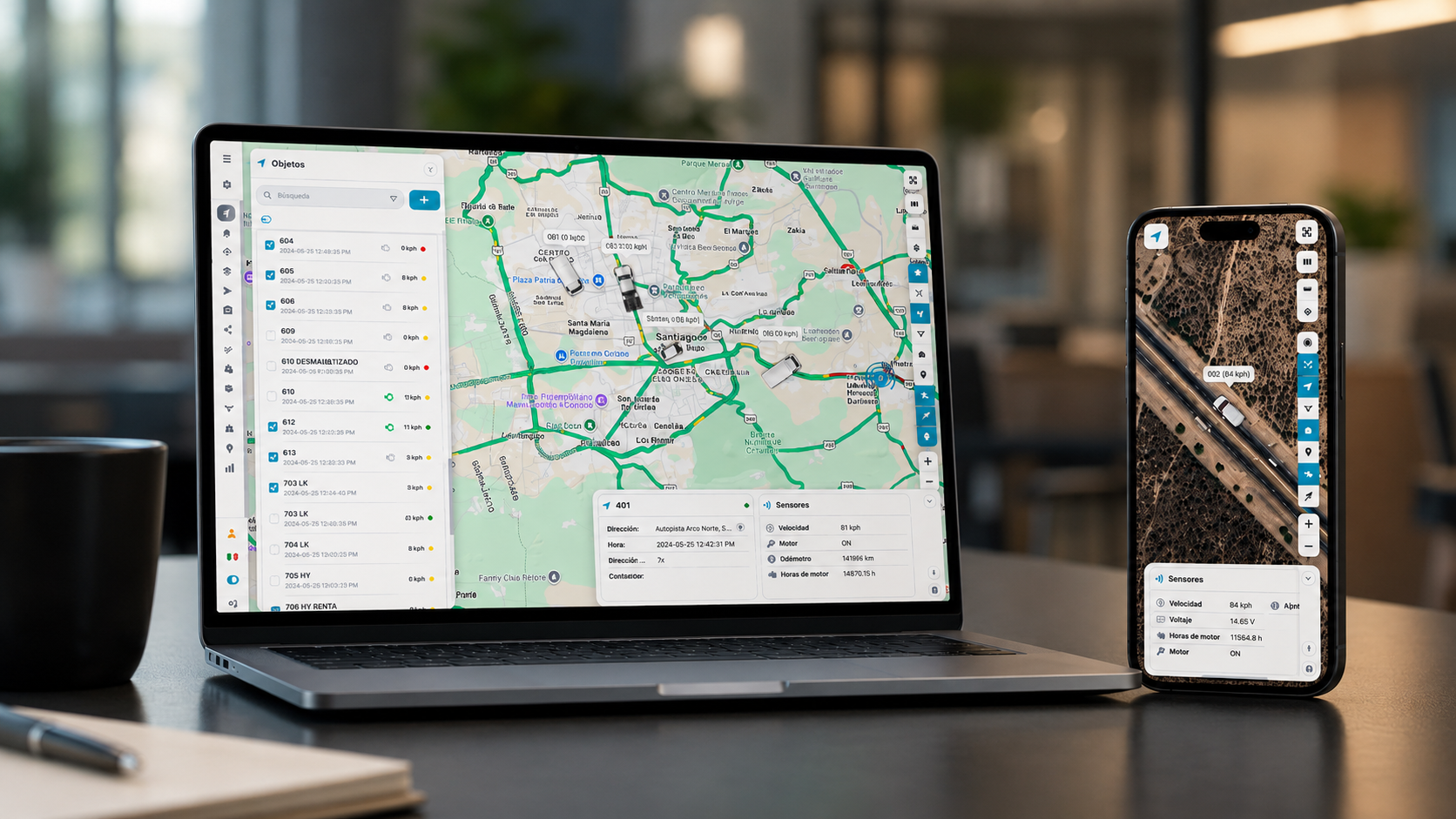 Dashboard GPS de flotilla vehicular en laptop y smartphone