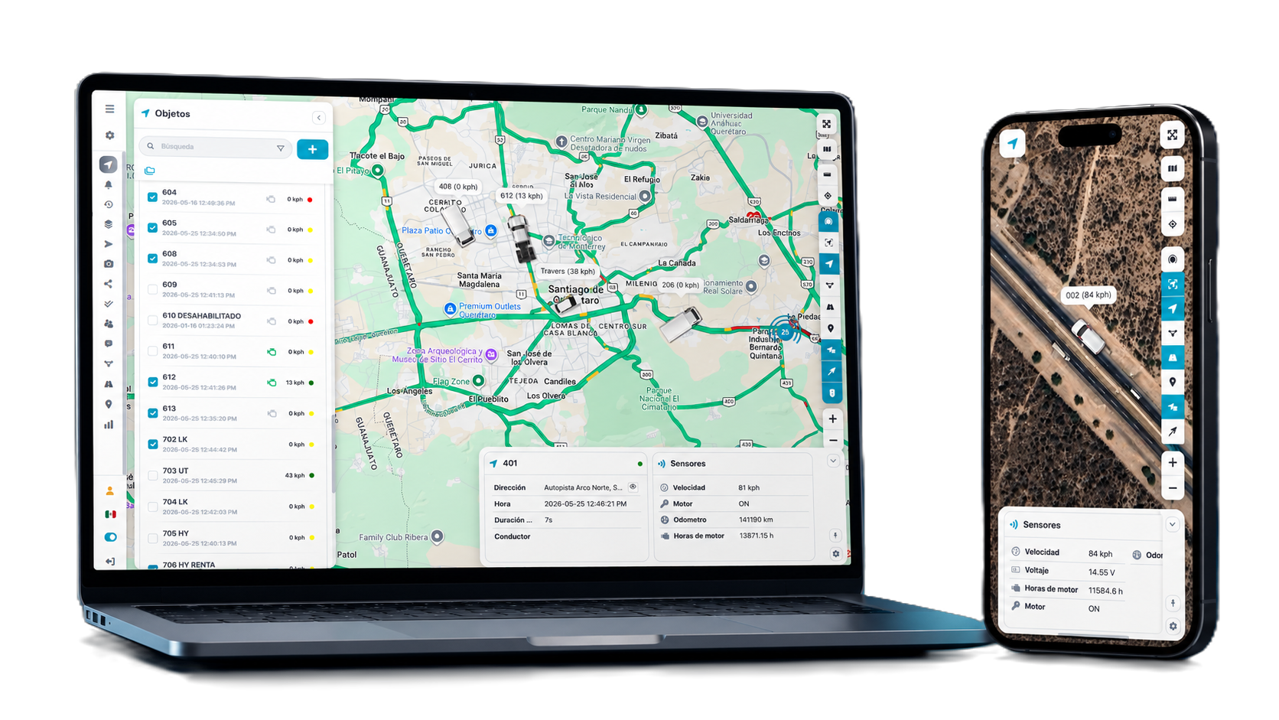 Dashboard de rastreo GPS en laptop y celular