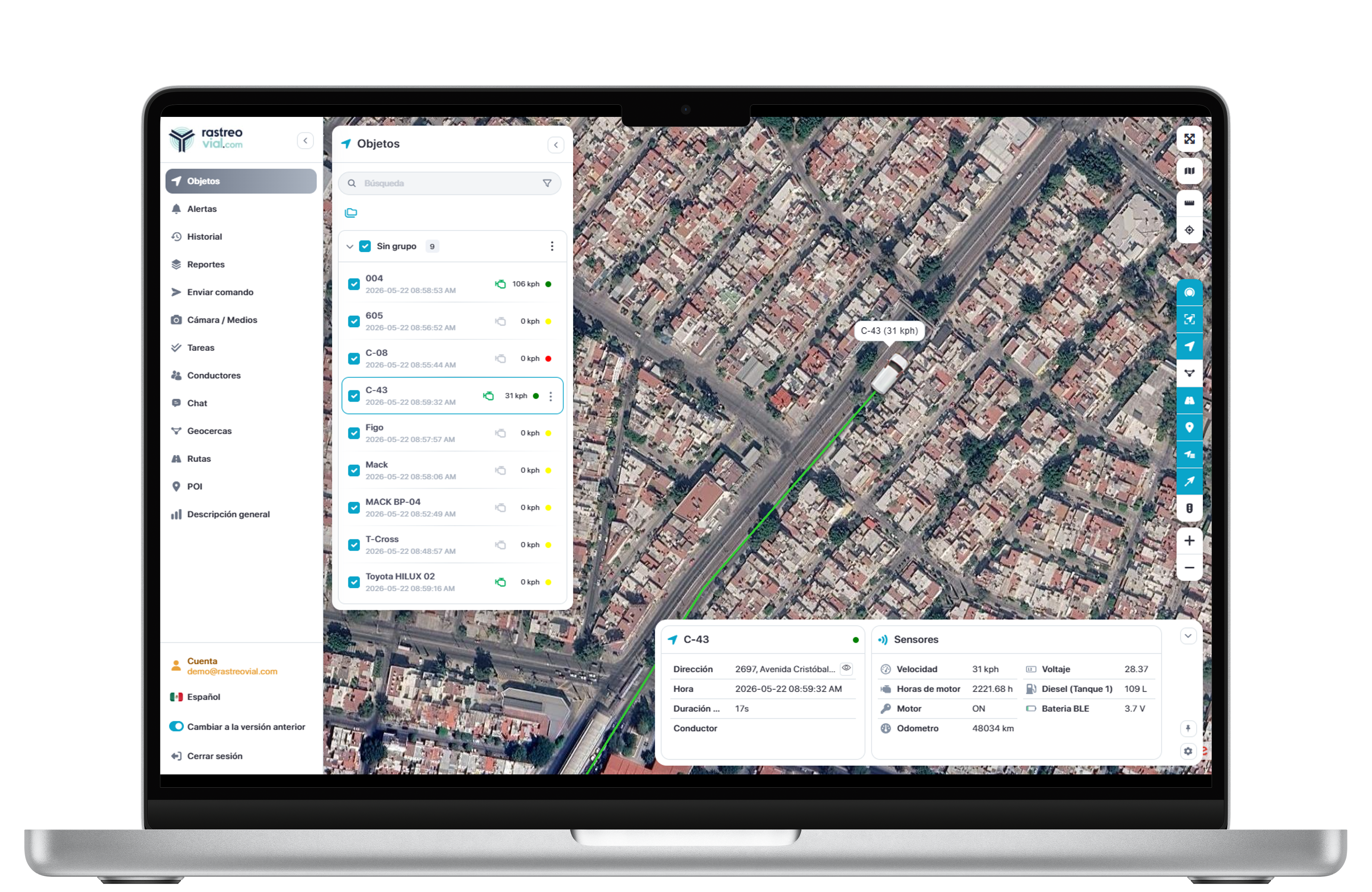 Dashboard web de rastreo GPS en computadora