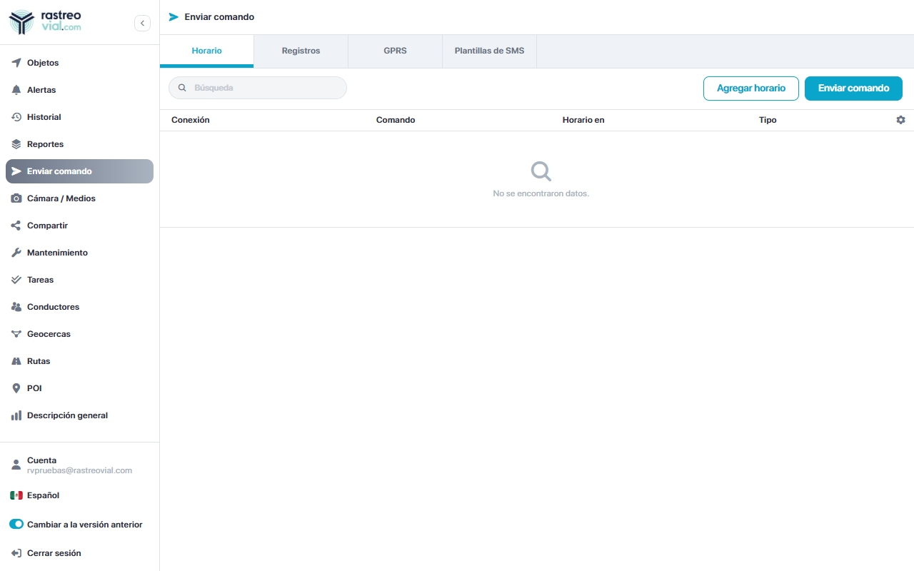 Panel de Enviar comando con pestañas Horario, Registros, GPRS y Plantillas de SMS