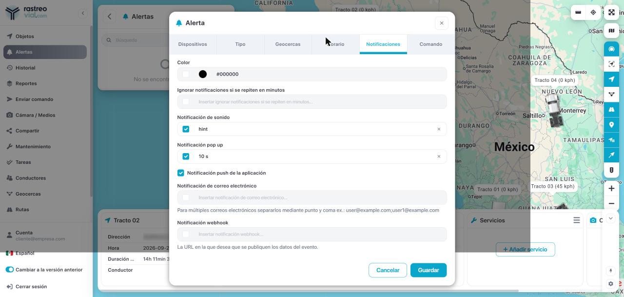 Pestaña Notificaciones con sonido, ventana emergente, push y correo electrónico