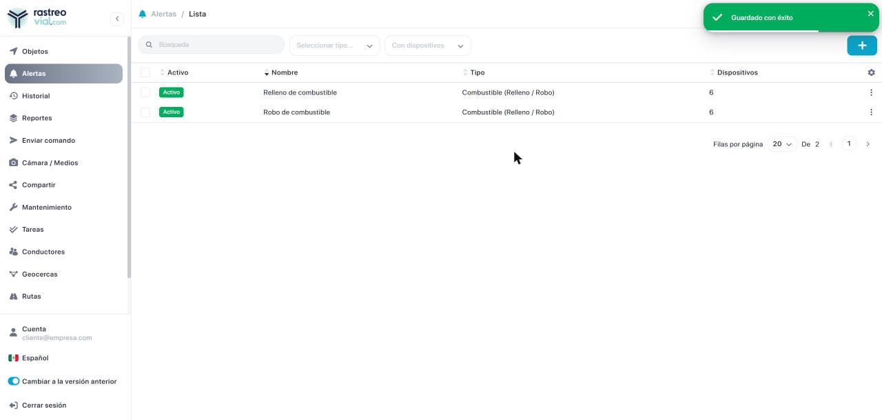 Lista de alertas configuradas con Relleno de combustible y Robo de combustible activas