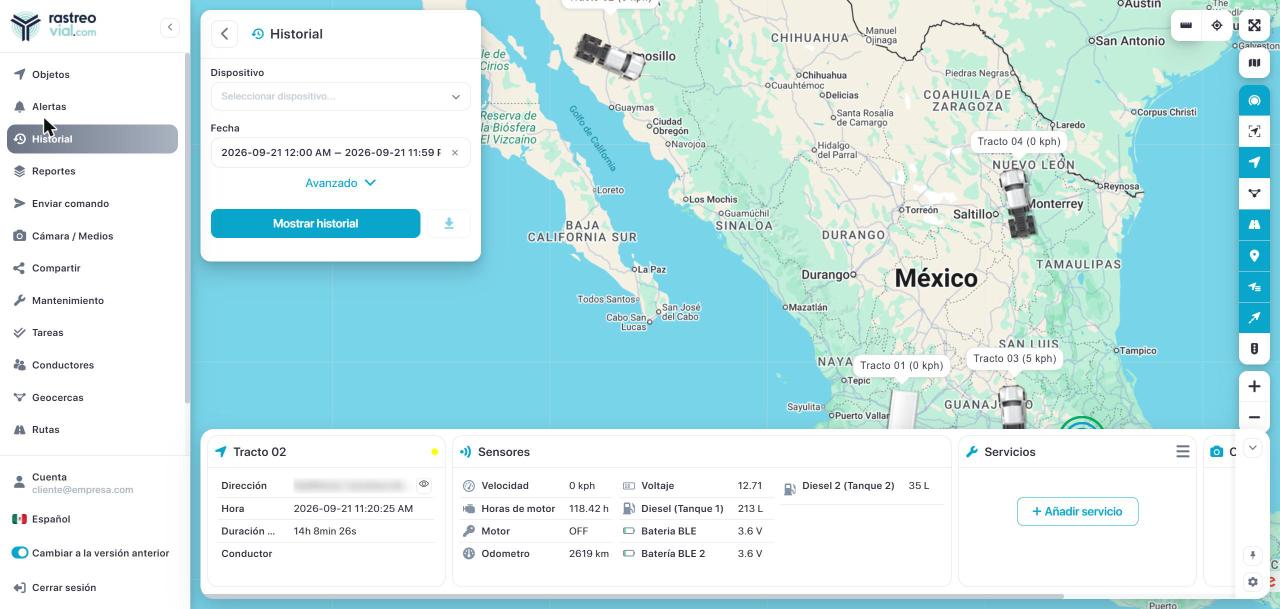Panel de Historial con selector de unidad y periodo en la plataforma de Rastreo Vial