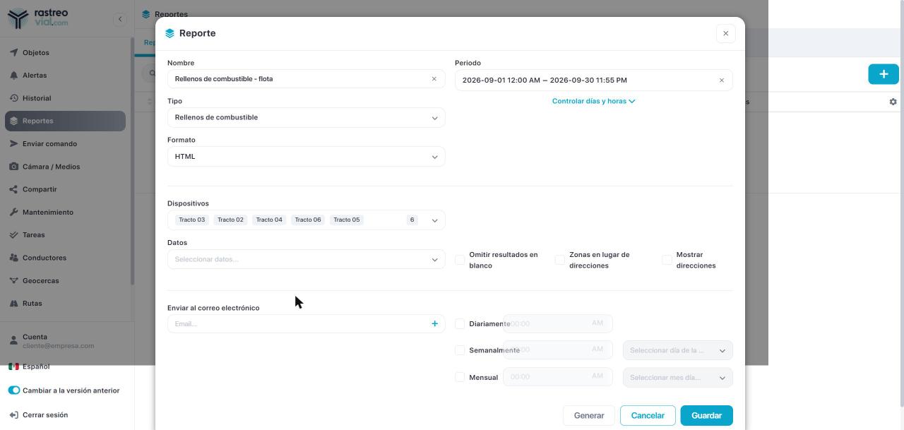 Formulario de reporte con tipo Rellenos de combustible, formato HTML y seis unidades seleccionadas