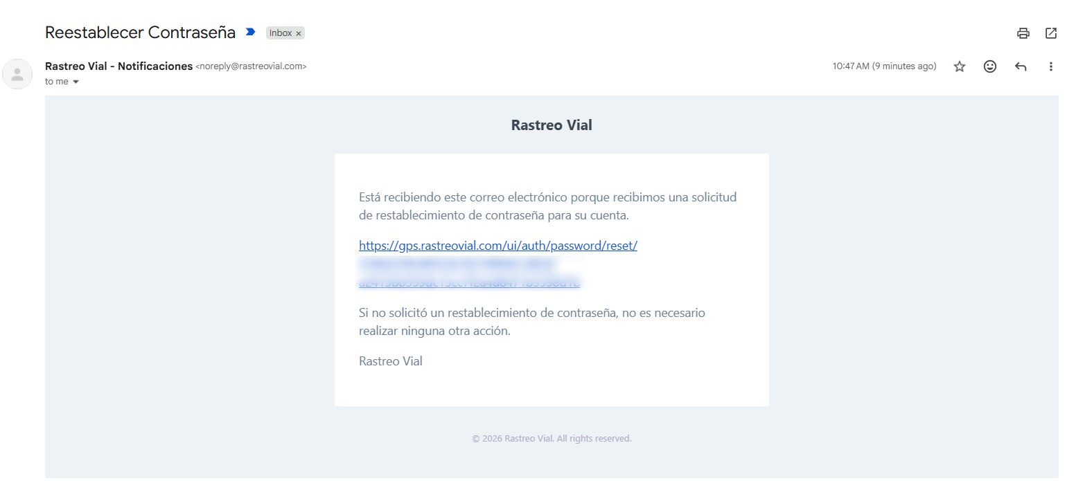 Correo Reestablecer Contraseña de Rastreo Vial - Notificaciones con el enlace para restablecer la contraseña