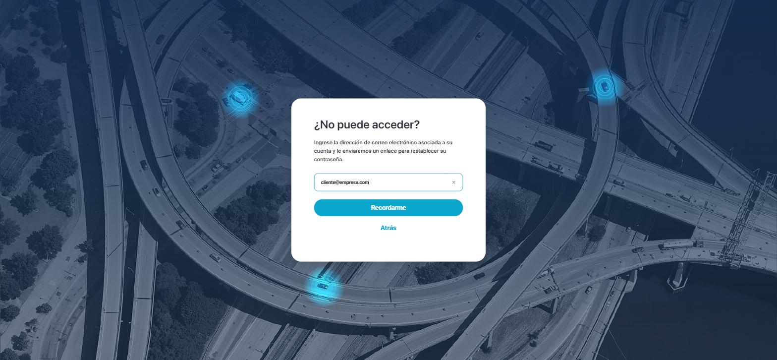 Pantalla ¿No puede acceder? con el campo de correo electrónico lleno y el botón Recordarme