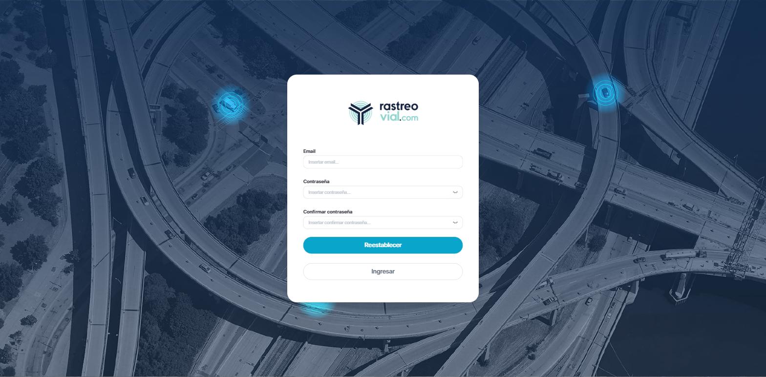 Página para restablecer la contraseña con los campos Email, Contraseña y Confirmar contraseña y los botones Reestablecer e Ingresar