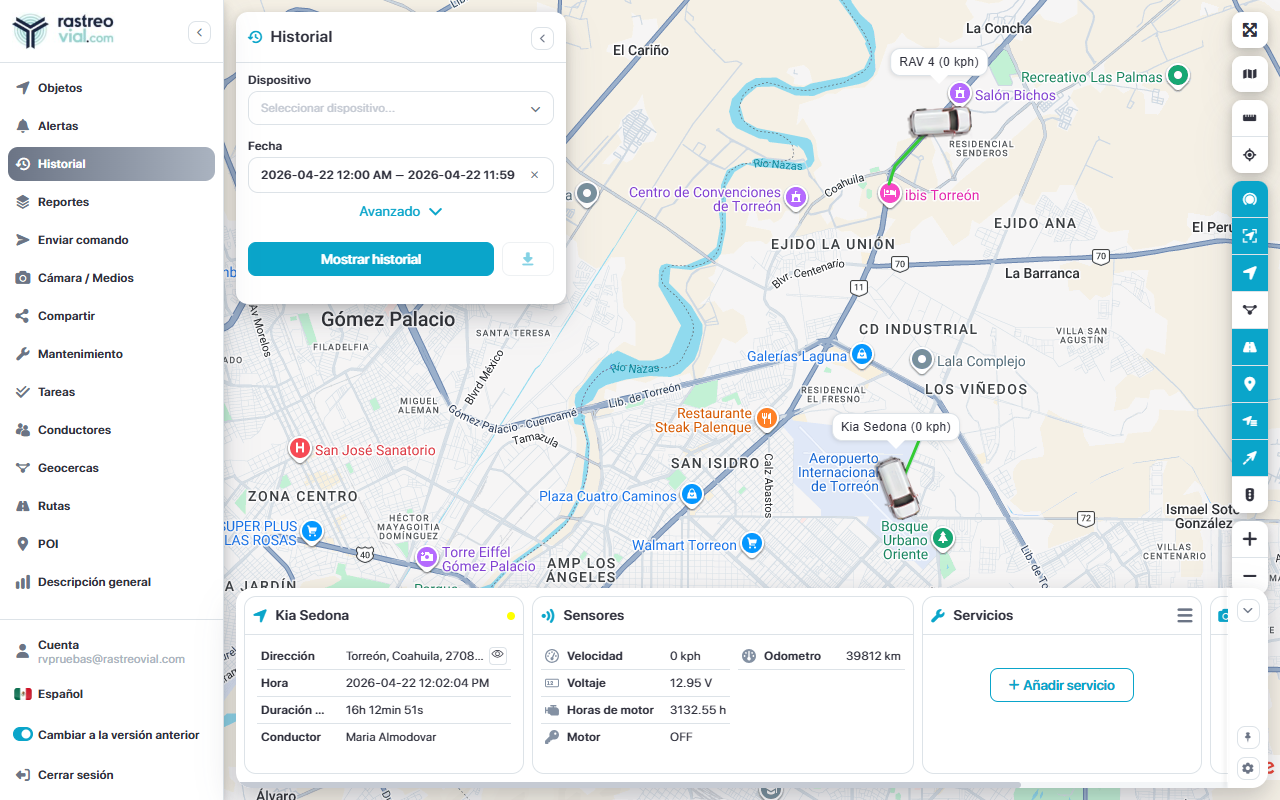 Panel de Historial con selector de vehículo y rango de fechas en Rastreo Vial