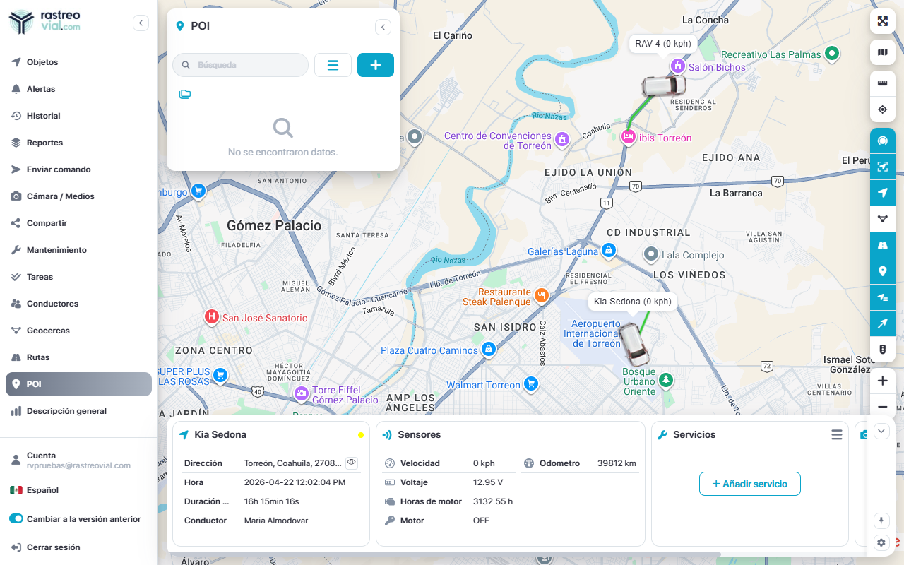Panel de POI con mapa y lista de puntos de interés en Rastreo Vial