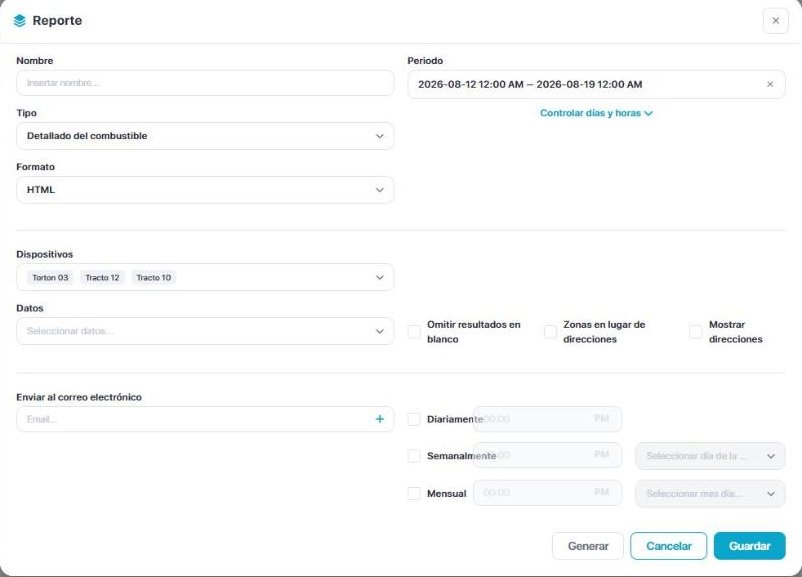 Formulario de reporte con tipo Detallado del combustible, formato HTML, una semana de periodo y tres unidades seleccionadas