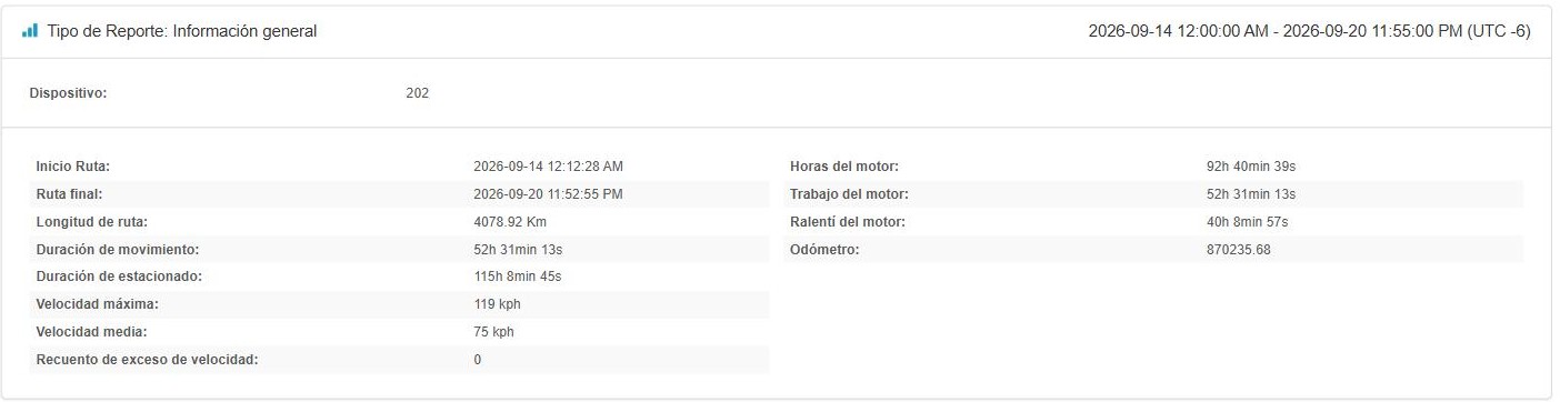 Detalle del bloque de información general con longitud de ruta, duración de movimiento, velocidades y horas de motor