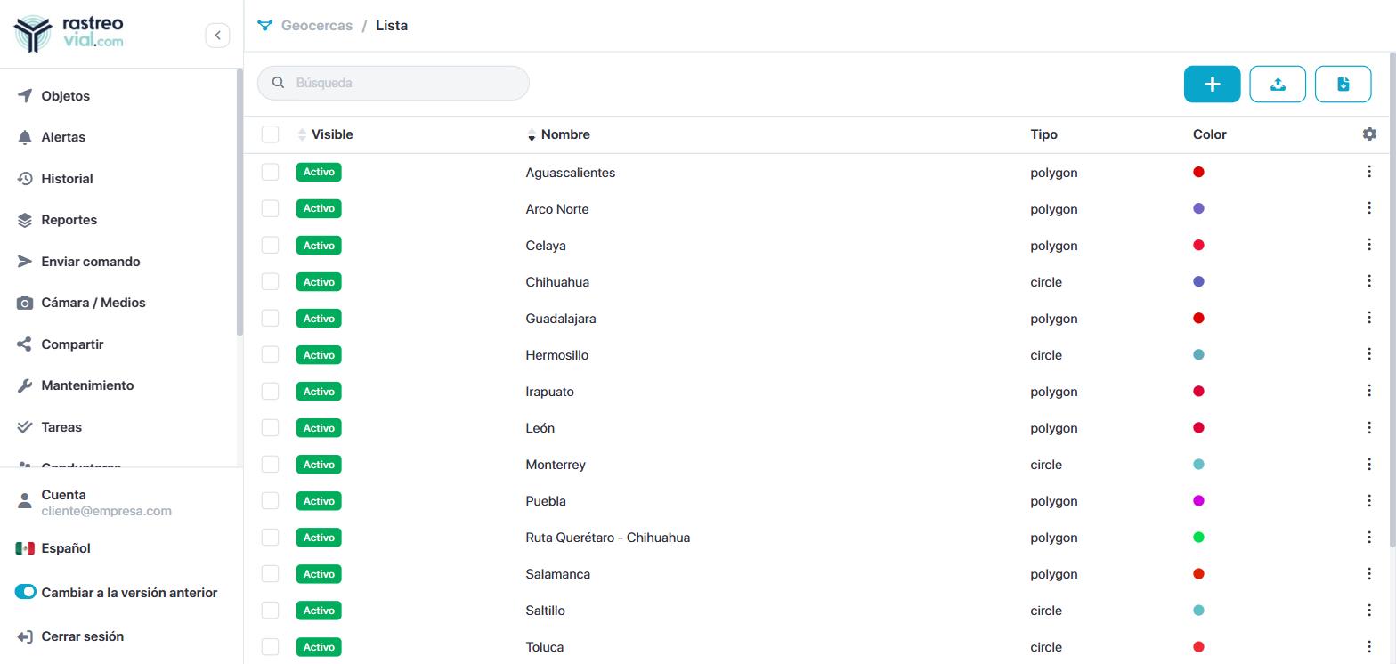 Lista de geocercas de la cuenta con zonas de tipo polígono y círculo