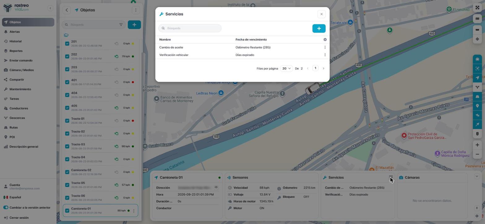Ventana Servicios abierta desde el widget con las columnas Nombre y Fecha de vencimiento