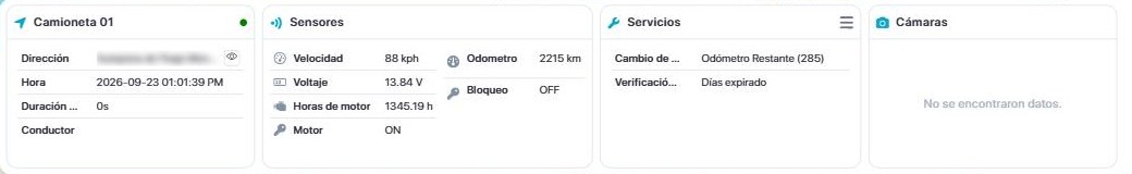 Panel inferior con los widgets Objeto, Sensores, Servicios y Cámaras de la unidad Camioneta 01
