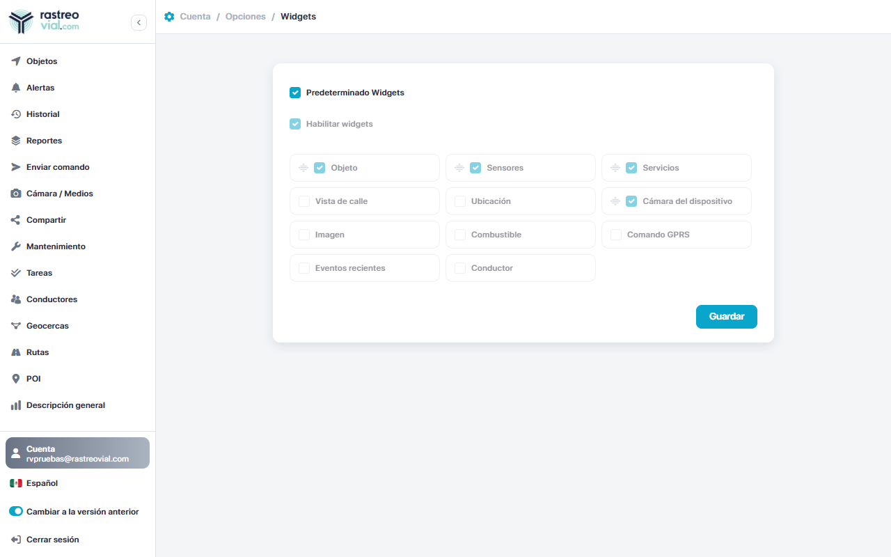 Pantalla de configuración de Widgets en Cuenta → Opciones